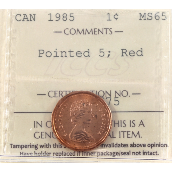 1-cent 1985 Pointed 5 ICCS MS65 Red
