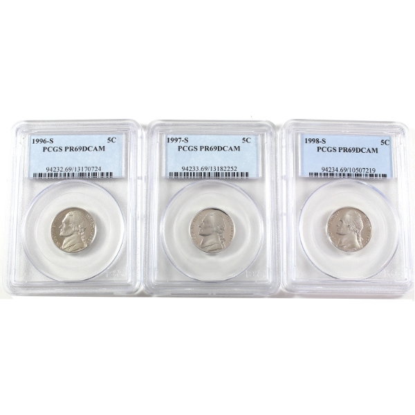 USA 1996S, 1997S, & 1998S Jefferson Nickels PCGS PR69 Deep Cameo. 3pcs.