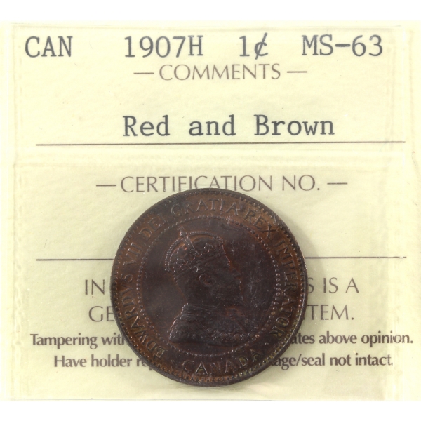 1-cent 1907H ICCS MS63 Red & Brown