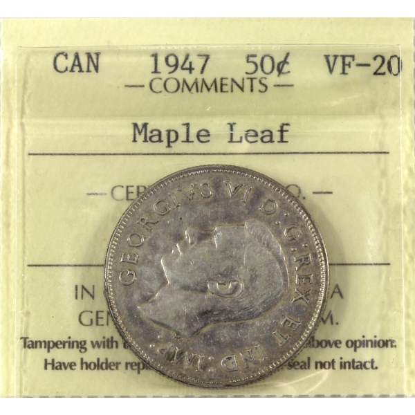 50-cent 1947 Maple Leaf ICCS VF20
