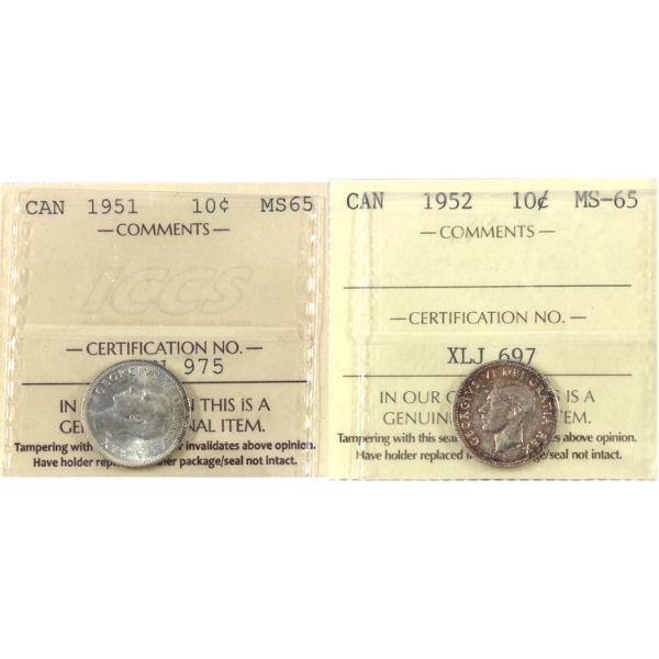 10-cent 1951 & 1952 ICCS MS65. 2pcs