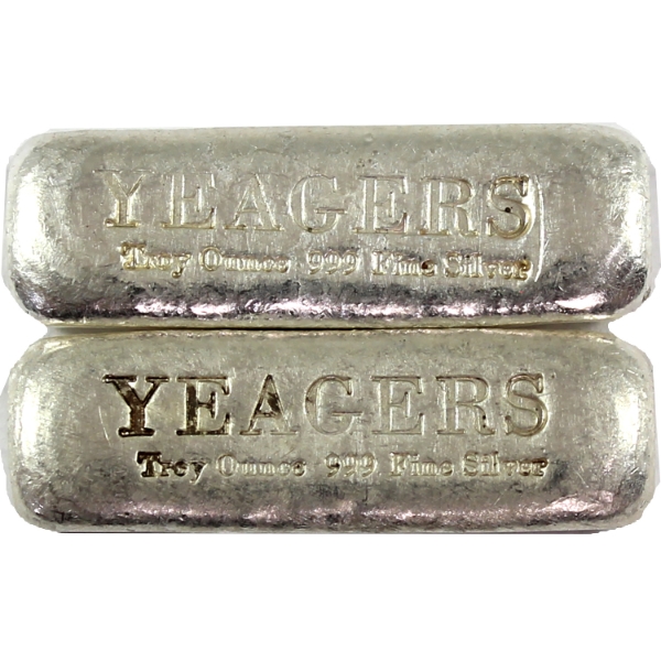 2x 1oz Yeagers .999 Fine Silver Bars. 2pcs. (Tax Exempt)