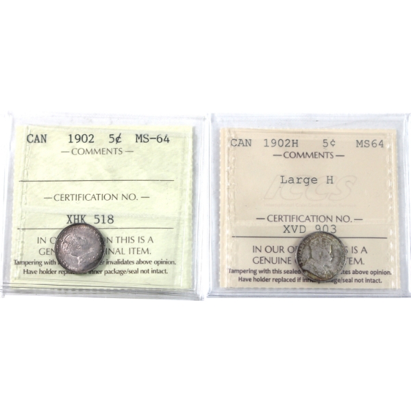 5-cent 1902 & 1902H Large H ICCS MS64. 2pcs.