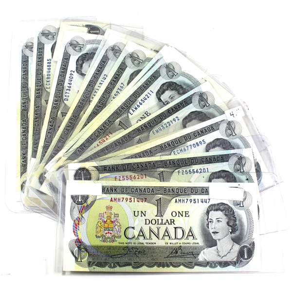 Group Lot of 16x 1973 $1 Bank of Canada Notes. 16pcs
