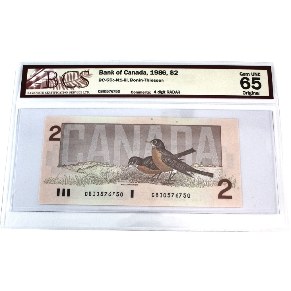 BC-55c-N1-iii 1986 $2 4-Digit Radar BCS Gem UNC65 Original, Bonin-Thiessen SN: CBI0576750