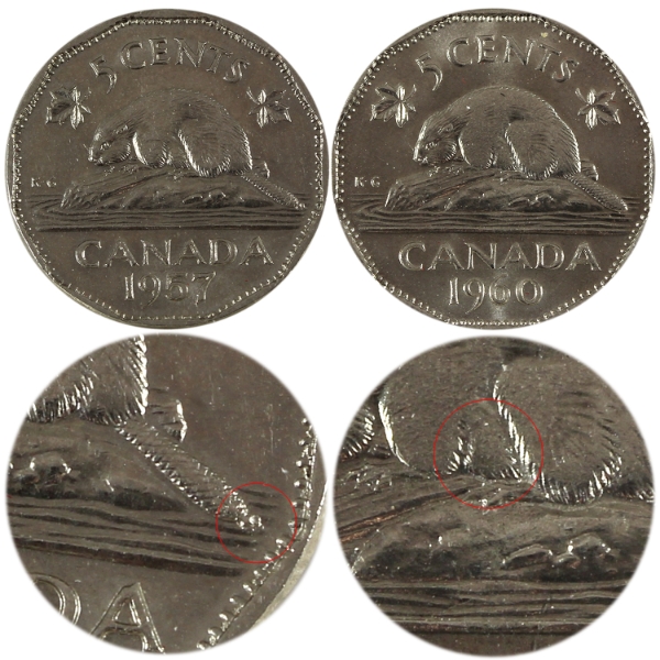 2x 5-cent 1957 Bug Tail EF & 1960 Bald Beaver BU. 2pcs.
