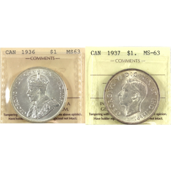 Silver $1 1936 & 1937 ICCS MS63. 2pcs.