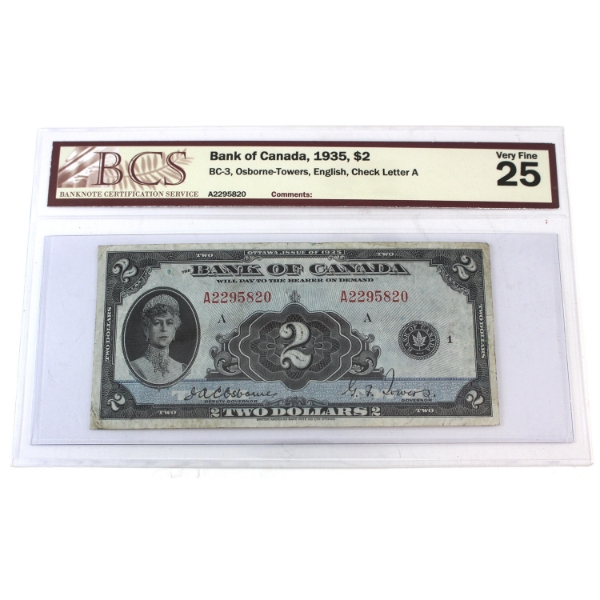 BC-3 1935 $2 English BCS VF25 Osborne-Towers SN: A2295820 Check Letter A