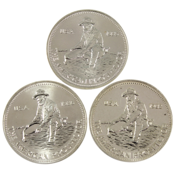 3x 1oz Engelhard 1982-1986 The American Prospector Vintage .999+ Fine Silver Rounds. 3pcs.