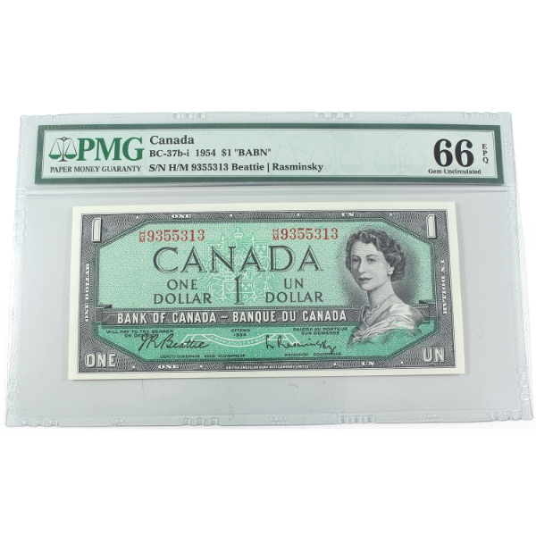 BC-37b-i 1954 $1 PMG GEM UNC66 EPQ Beattie-Rasminsky SN: H/M9355313