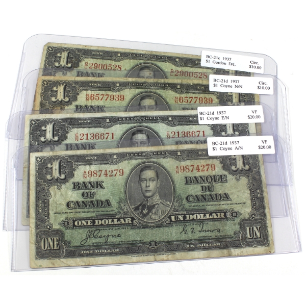 Group Lot of 4x BC-21c & BC-21d 1937 $1 Circ. to VF Gordon-Towers & Coyne-Towers. 4pcs.