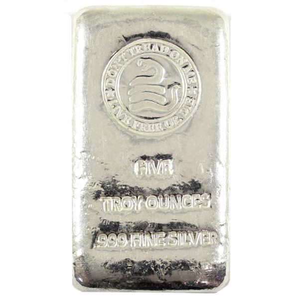 5oz Don't Tread On Me/Live Free or Die .999 Fine Silver Bar (Tax Exempt) 