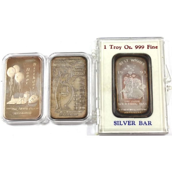 3x 1oz National Refiners 1990-1993 Celebration .999+ Silver Art Bars. 3pcs. (Tax Exempt)