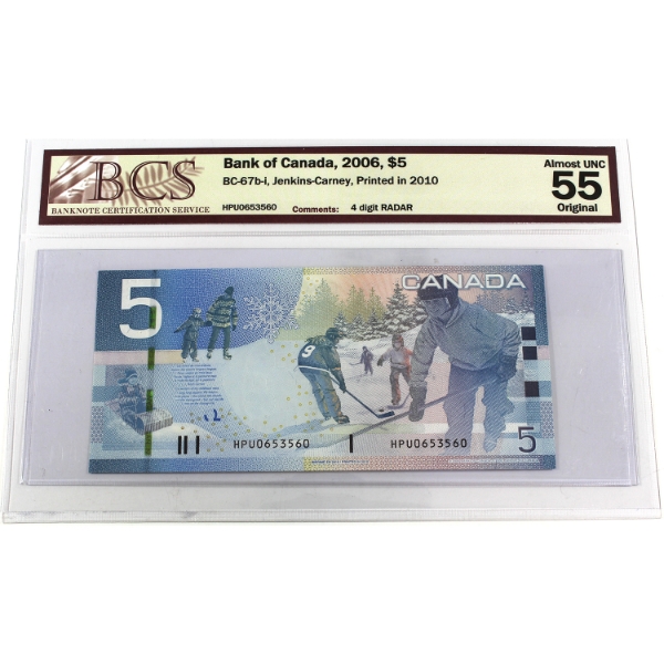 RADAR BC-67b-i 2006 $5 4-Digit RADAR BCS AU55 Original Jenkins-Carney Printed in 2010 SN: HPU0653560