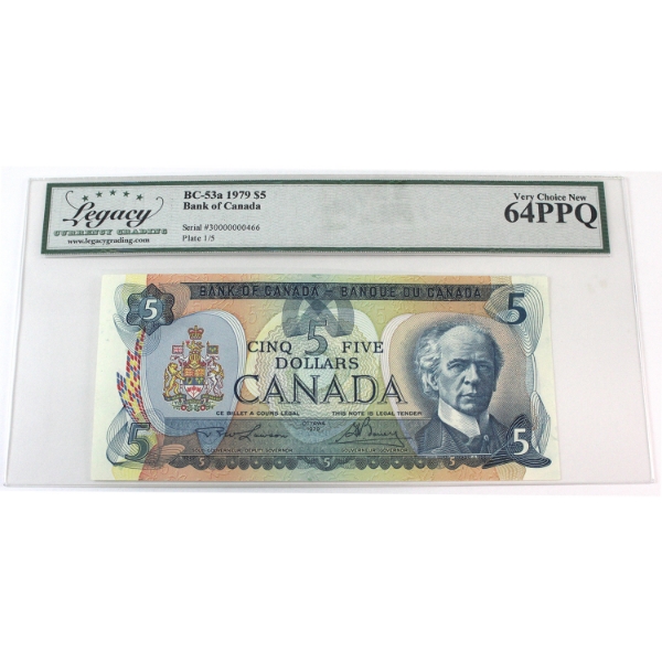 BC-53a-N5-iv 1979 $5 Low Serial # 30000000466 Legacy CUNC64 PPQ Lawson-Bouey