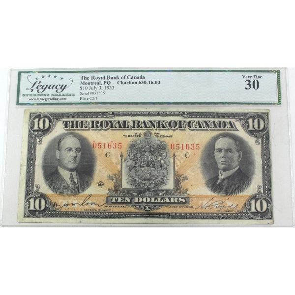 630-16-04 1933 $10 The Royal Bank Legacy VF30 Wilson-Holt SN: 051635 pp C