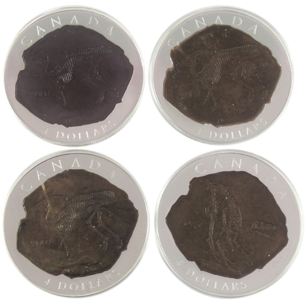2007 & 2010 $4 Dinosaur Collection 1/2oz .9999 Fine Silver Coins. 4pcs. (Tax Exempt)