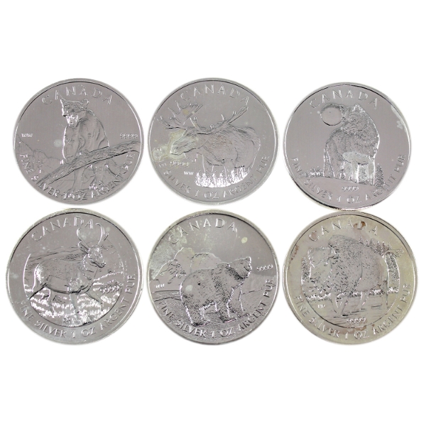 2011-2013 $5 Wildlife Series 1oz Fine Silver Coins. 6pcs (Tax Exempt) 