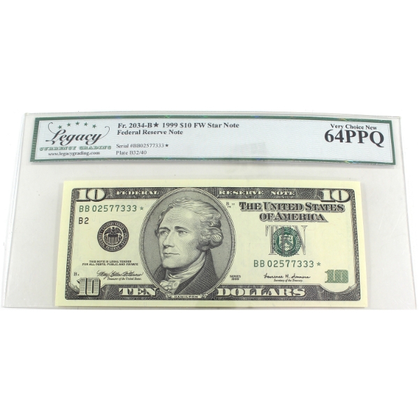 USA 1999 FR-2034-B* $10 Legacy CUNC64 PPQ FW Star Note SN: BB02577333*