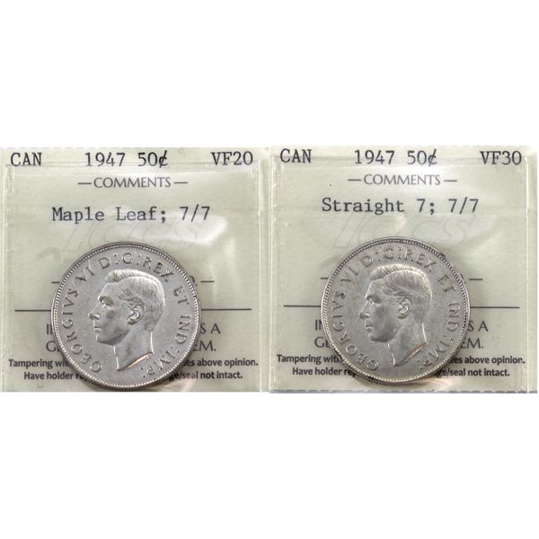 50-cent 1947 Maple Leaf 7/7 VF20 & Straight 7, 7/7 VF30 ICCS. 2pcs.