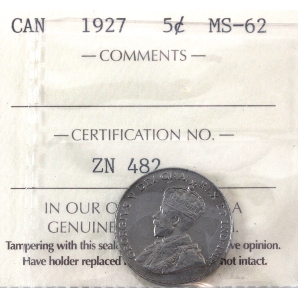 5-cent 1927 ICCS MS62 