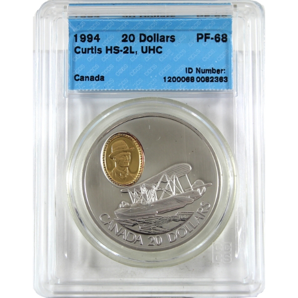 1994 $20 Aviation #2 Powered Flight - Beyond WWII: Curtis HS-2L Sterling Silver Coin CCCS PF68