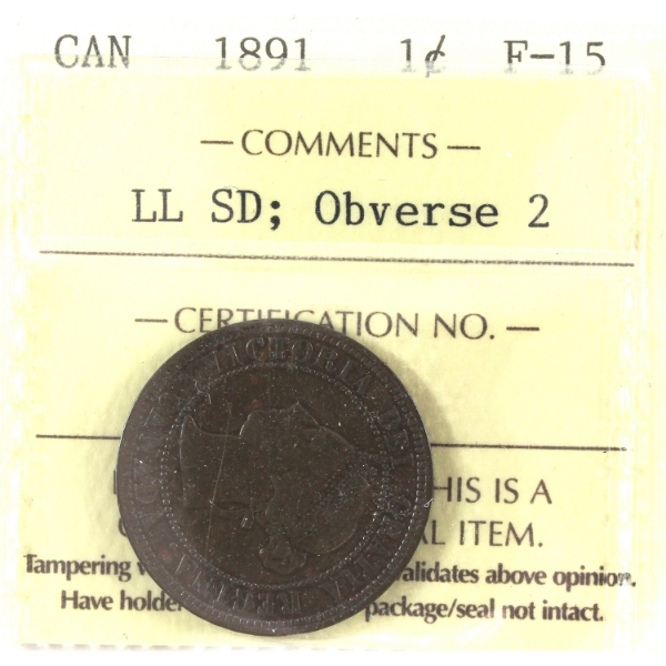 1-cent 1891 LL SD; Obverse 2 ICCS F15