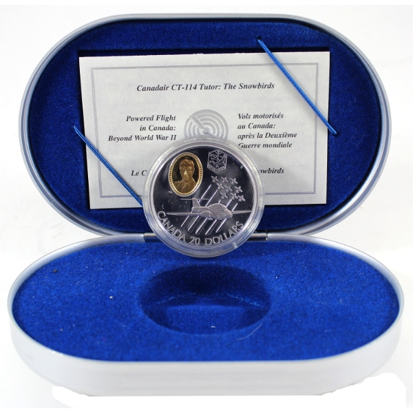 1997 $20 Canadair CT-114 Tutor Jet - Snowbirds Sterling Silver Coin w/ 24-Karat Gold Plated Cameo