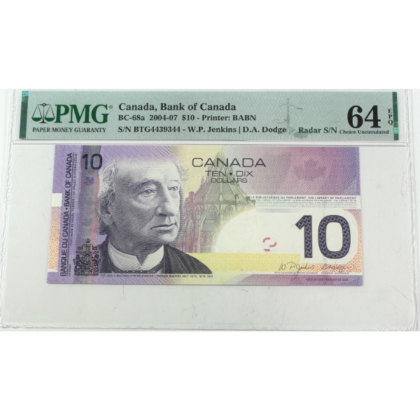RADAR BC-68a 2005 $10 3 Digit RADAR PMG CUNC64 EPQ Jenkins-Dodge SN: BTG4439344 Printed in 2007