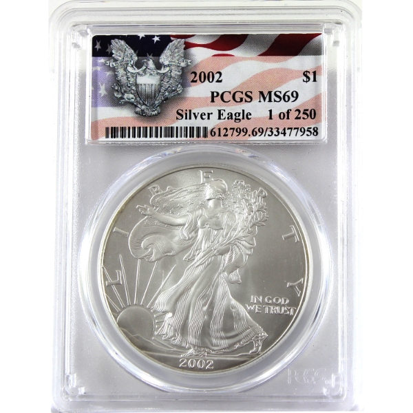 USA Silver 2002 $1 Silver Eagle Fine Silver Coin PCGS MS69 (Tax Exempt)