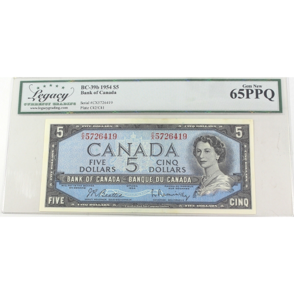 BC-39b 1954 $5 Legacy GEM UNC65 PPQ Beattie-Rasminsky SN: C/X5726419