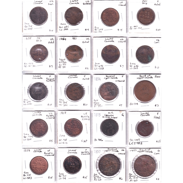 Bulk Lot of 1815-1857 Mixed Variety of Canadian Tokens Poor to VF in 20-Pocket Sheet. 20pcs.