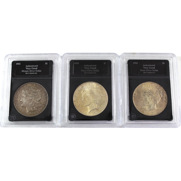 USA Silver 1921-1924 Morgan & Peace Dollars Bradford Authenticated VG. 3pcs.