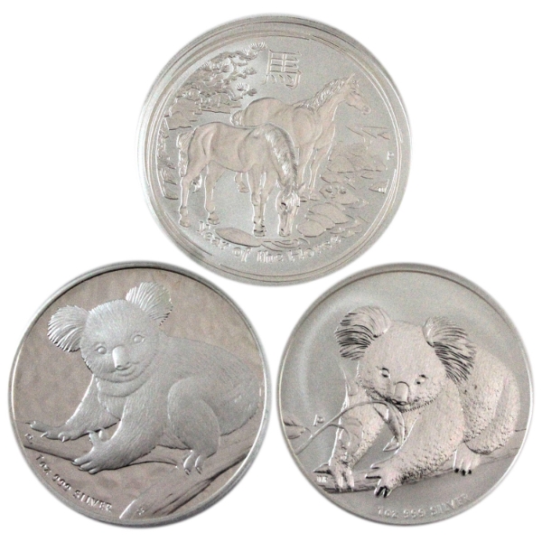 3x 1oz Australia 2009 & 2010 Koala, 2014 Year of the Horse .999 Fine Silver Rounds. 3pcs.