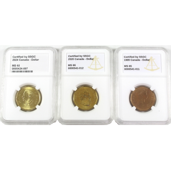 Loon $1 1989 MS65, 2020 UN Charter MS66, & 2024 L. M. Montgomery MS65 SSGC Certified. 3pcs.