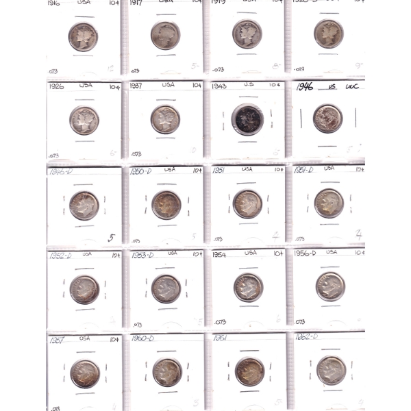 Bulk Lot of USA 1916-1999 Dimes in 3x 20-Pocket Sheets. 48pcs.