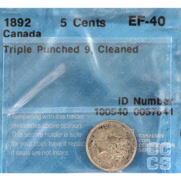 5-cent 1892 Triple Punched 9 CCCS EF40 