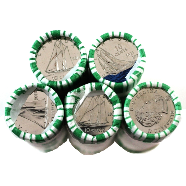 *10-cent 2014, 2018, 2x 2021 Bluenose Commemorative & 2022 Dime Rolls of 50pcs. 5 Rolls. 