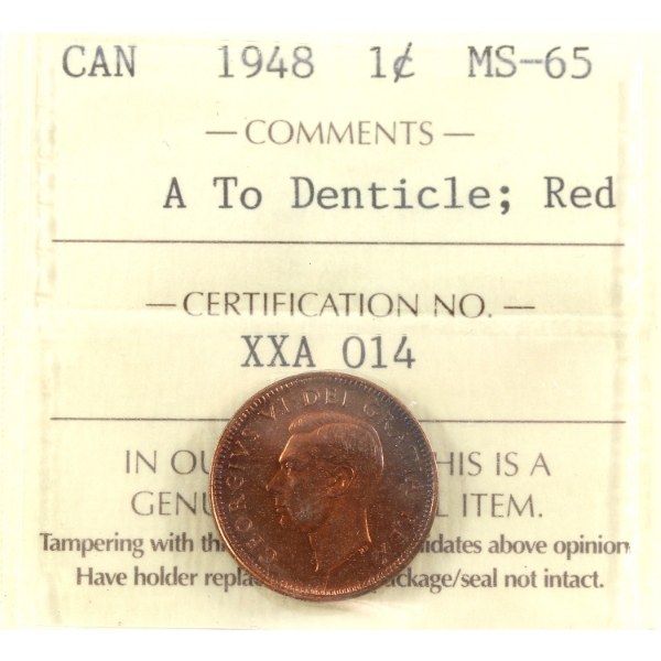 1-cent 1948 A To Denticle ICCS MS65 Red