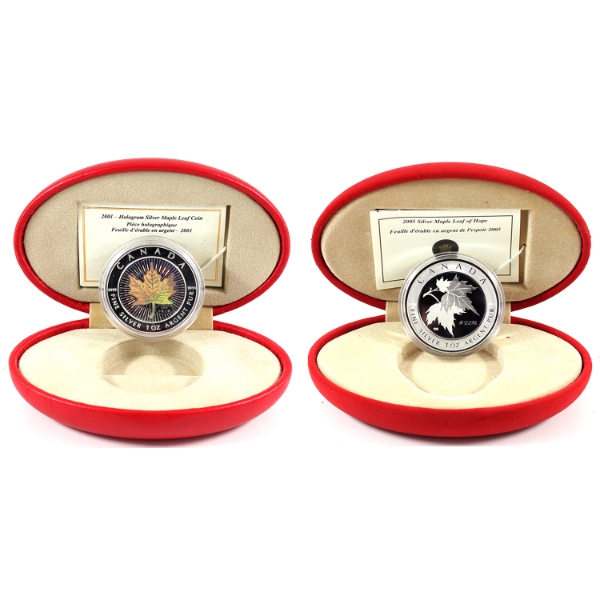 2001 Hologram & 2005 Hope $5 SML Coins in Red Cases.  2pcs. (Tax Exempt)