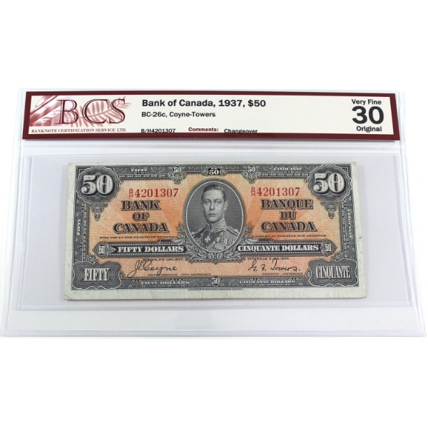 BC-26c 1937 $50 BCS VF30 Original Coyne-Towers Changeover SN: B/H4201307