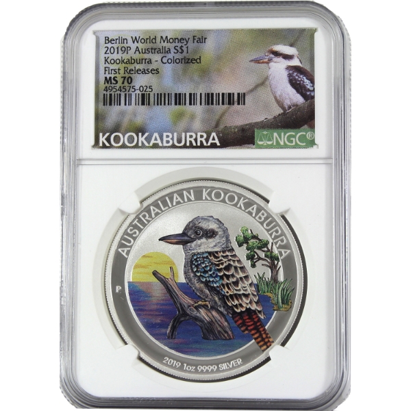 Australia Silver 2019 $1 Kookaburra - Colourized Berlin World Money Fair First Releases NGC MS70