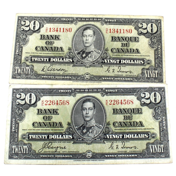 BC-25b & BC25c 1937 $20 Gordon-Towers SN:D/E1341180 & Coyne-Towers & SN:K/E2264568. 2pcs