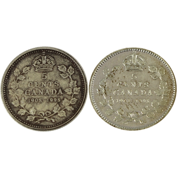 2x 5-cent 1908-1998 Silver Proof & Antique Finishes. 2pcs.