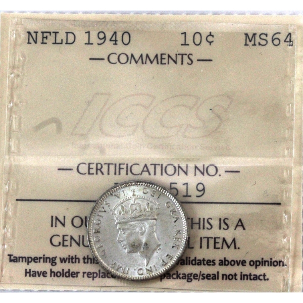 Newfoundland 10-cent 1940 ICCS MS64
