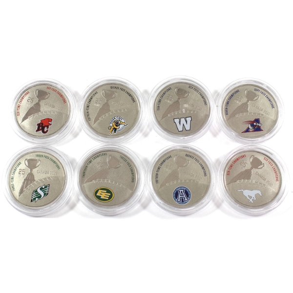 2012 25-cent CFL Champion Coins w/ Selective Colour. 8pcs.