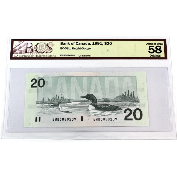 BC-58d 1991 $20 BCS AU58 Original Knight-Dodge SN: EWB5080209