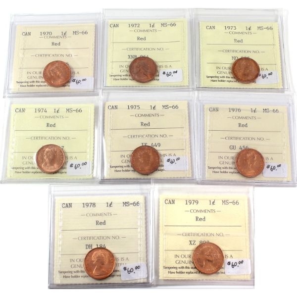 1-cent 1970, 1972, 1973, 1974, 1975, 1976, 1978 & 1979 ICCS MS66 Red. 8pcs