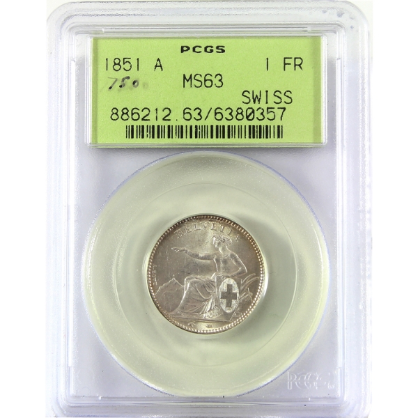 Switzerland Silver 1851A Franc PCGS MS63