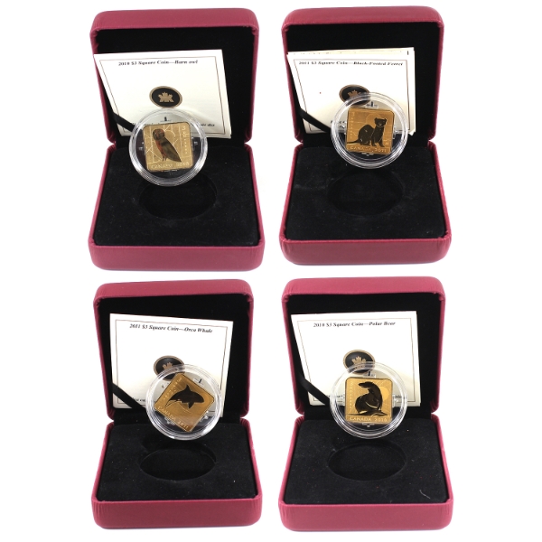 Group Lot of 2010-2011 $3 Wildlife Conservation Square Sterling Silver Gold Plated Coins. 4pcs.